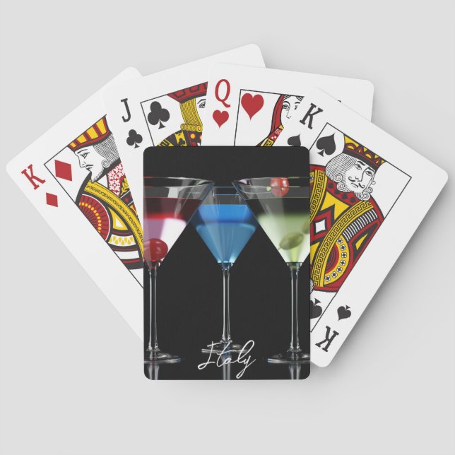 Different cocktails in martini glasses on black playing cards (Back)