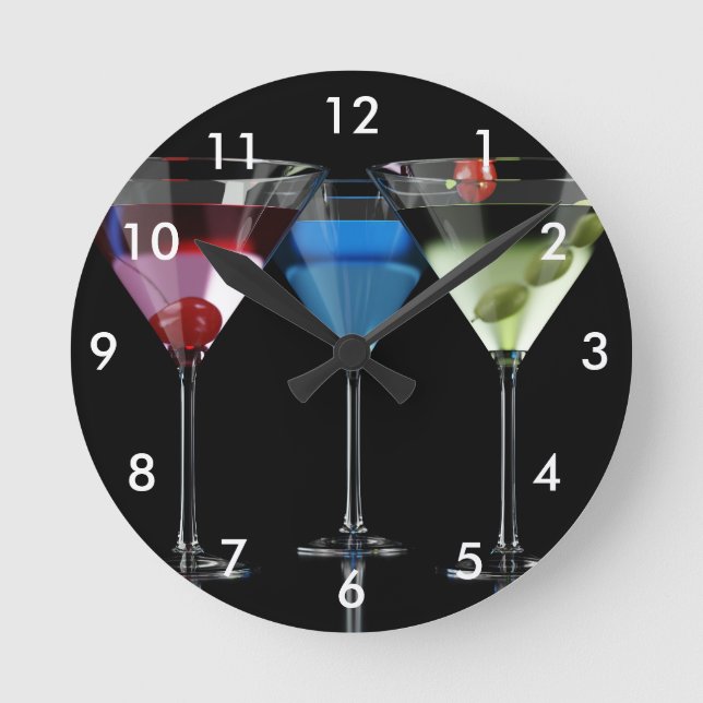 Different cocktails in martini glasses on black round clock (Front)