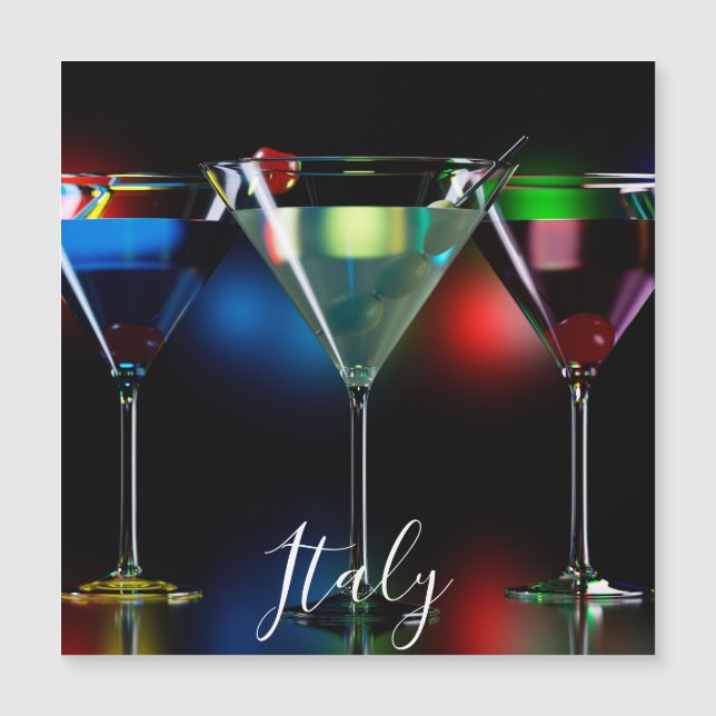 Different cocktails in martini glasses with lights (Front)