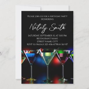 Different cocktails in martini glasses with lights invitation