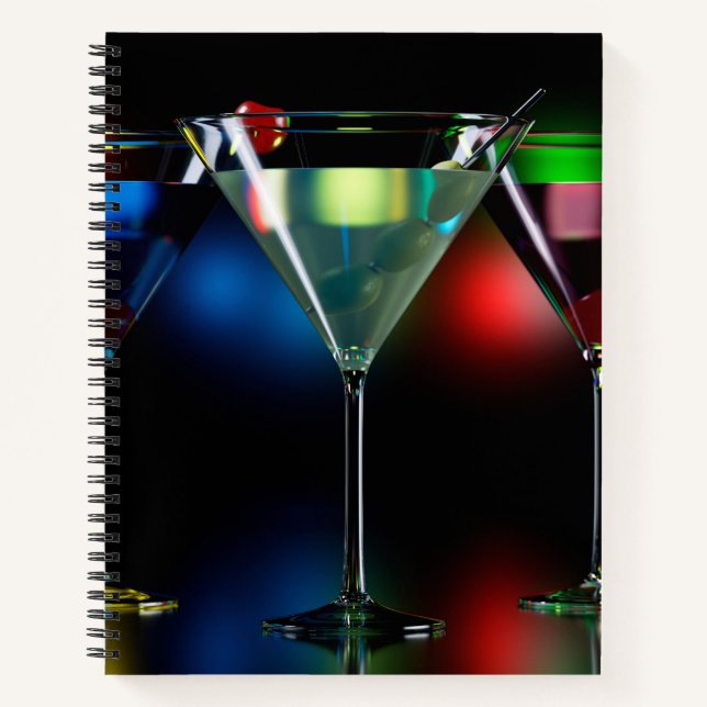 Different cocktails in martini glasses with lights notebook (Front)