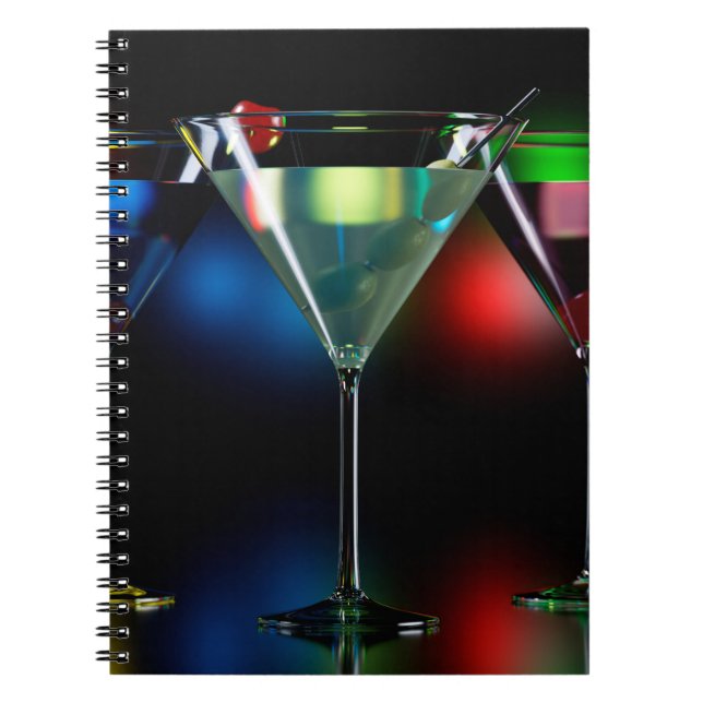 Different cocktails in martini glasses with lights notebook (Front)