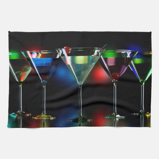 Different cocktails in martini glasses with lights tea towel (Horizontal)