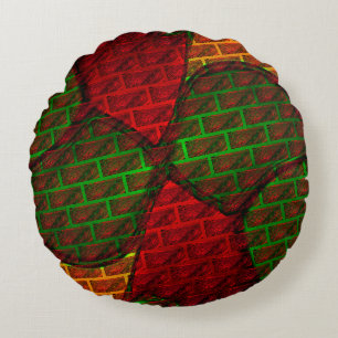 Different image montage, brick, red, green, yellow round cushion