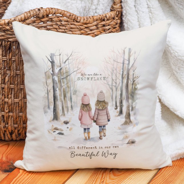 Different Like Snowflake Little Girls Forest   Cushion (Inspirational winter woodland pillow.  )