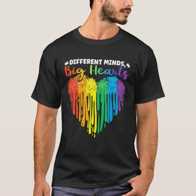 Different Minds Big Hearts Puzzle Piece Autism Awa T-Shirt (Front)