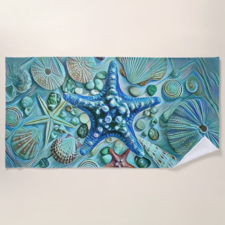 Different types tropical seashells blue painting beach towel
