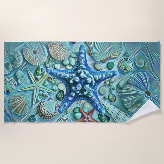 Different types tropical seashells blue painting beach towel (Front)