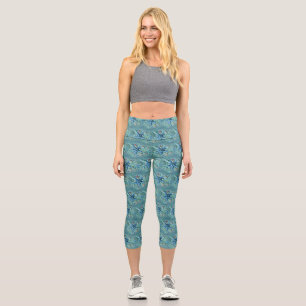 Different types tropical seashells blue painting capri leggings