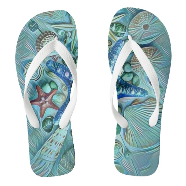 Different types tropical seashells blue painting flip flops (Footbed)