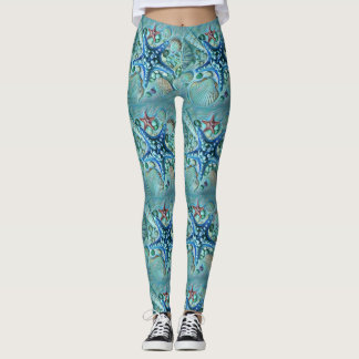 Different types tropical seashells blue painting leggings