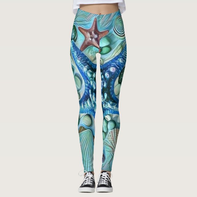 Different types tropical seashells blue painting leggings (Front)