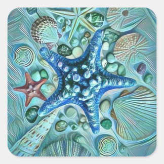Different types tropical seashells blue painting square sticker
