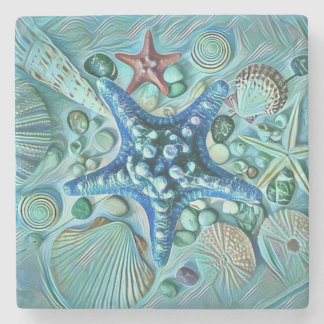 Different types tropical seashells blue painting stone coaster