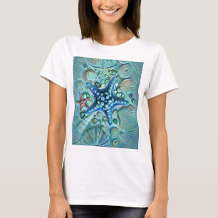 Different types tropical seashells blue painting T-Shirt