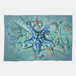 Different types tropical seashells blue painting tea towel