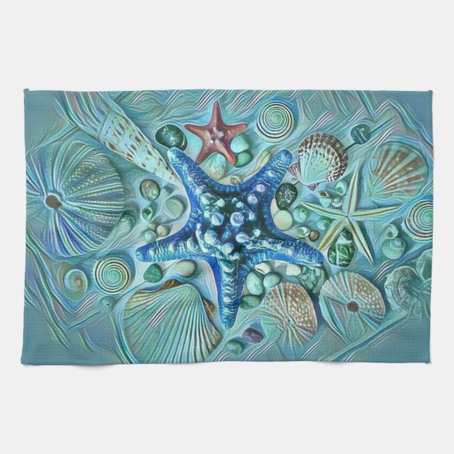 Different types tropical seashells blue painting tea towel (Horizontal)