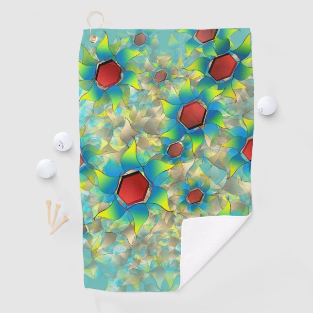 Different virtual flowers, bluish petals upon teal golf towel (InSitu)