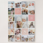 Difficult 18 Photo & Family Monogram Collage Jigsaw Puzzle<br><div class="desc">Customize this challenging photo puzzle with 18 square photos arranged in a grid collage layout,  with one large image and the remainder small. Your single initial monogram,  family name,  and year established appear on pink shaded squares. Perfect for family photos or wedding photos.</div>