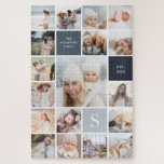 Difficult 18 Photo & Family Monogram Collage Jigsaw Puzzle<br><div class="desc">Customize this challenging photo puzzle with 18 square photos arranged in a grid collage layout,  with one large image and the remainder small. Your single initial monogram,  family name,  and year established appear on navy and gray shaded squares. Perfect for family photos or wedding photos.</div>