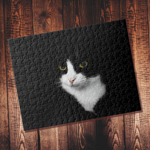 Difficult Black and White Cat on Solid Black Jigsaw Puzzle