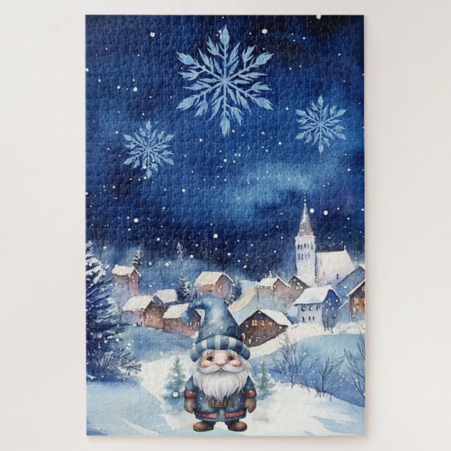 Difficult Blue Winter Christmas Village & Gnome  Jigsaw Puzzle (Vertical)