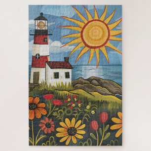 Difficult Whimsical Floral Light House Jigsaw Puzzle