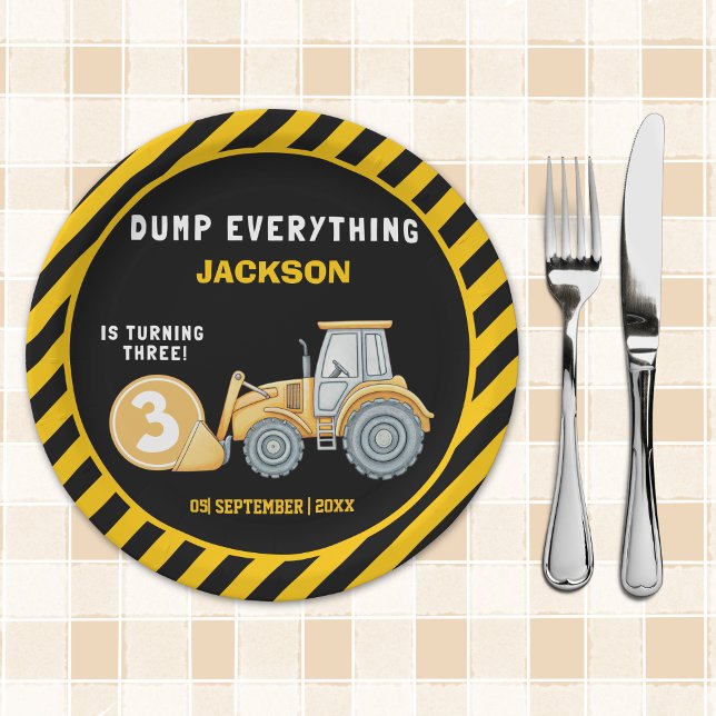 "Dig In! Construction Truck Party for 3rd Birthday Paper Plate (Creator Uploaded)