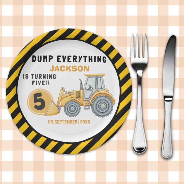 "Dig In! Construction Truck Party for 5th Birthday Paper Plate (Creator Uploaded)