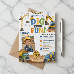 Dig Into The Fun Construction Photo Birthday Invitation