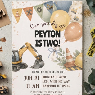 Dig It Construction Second Birthday Invitation