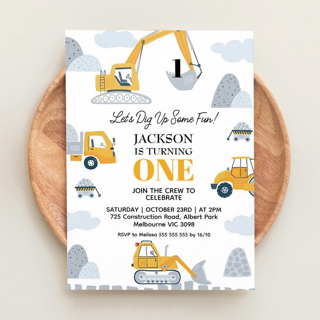 Dig Up Some Fun Construction 1st Birthday Invitation (Creator Uploaded)