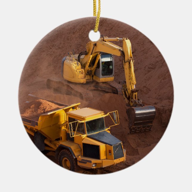 Digger and Dump Truck Ceramic Tree Decoration (Front)