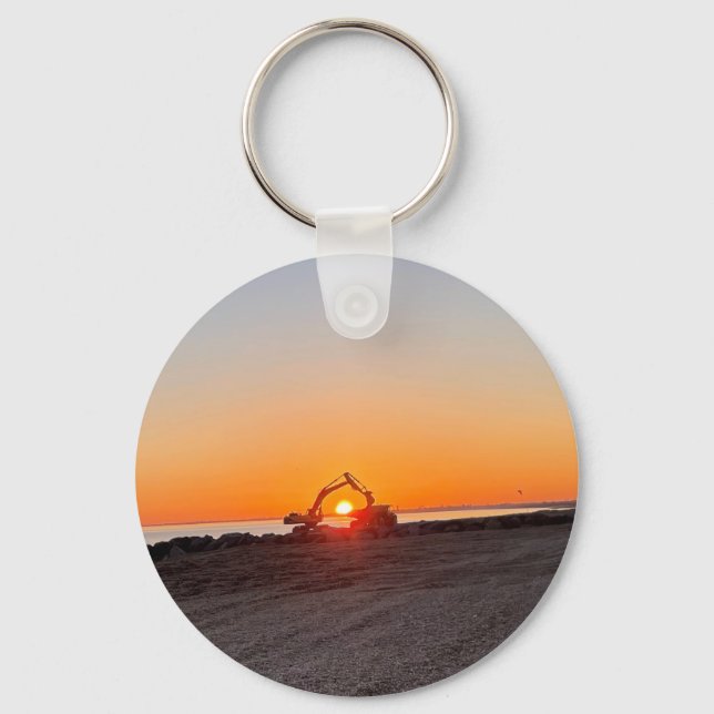 Digger and Lorry Framing setting sun by the sea  Key Ring (Front)