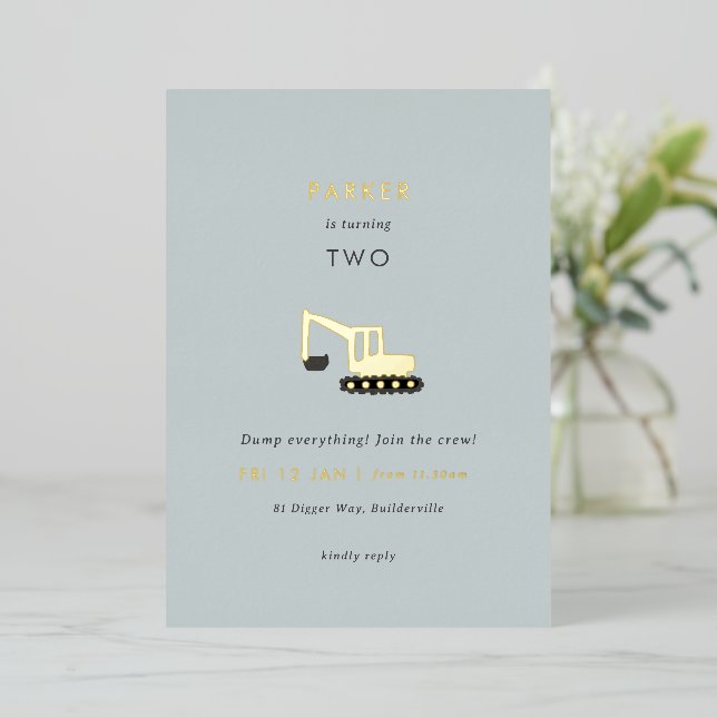 Digger Construction Party Foil Birthday Invite (Standing Front)