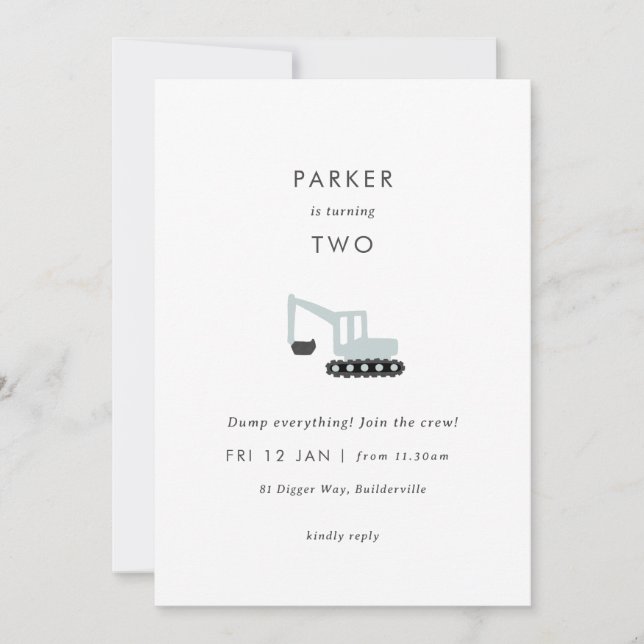 Digger Construction Party Minimal Birthday Invite (Front)