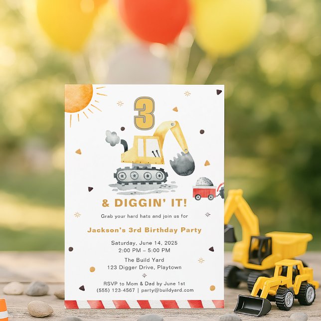 Digger Truck Construction 3rd Birthday Party Invitation (Creator Uploaded)