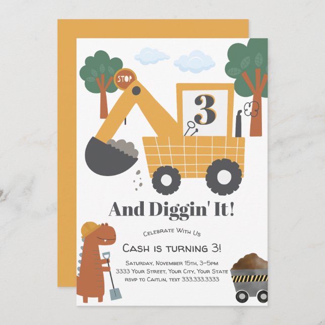 Diggin' It Construction Theme Birthday Party Invitation (Front/Back)