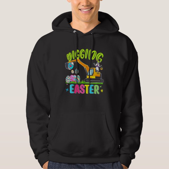 Digging Easter Eggs Bunny Excavator Tractor Loving Hoodie (Front)