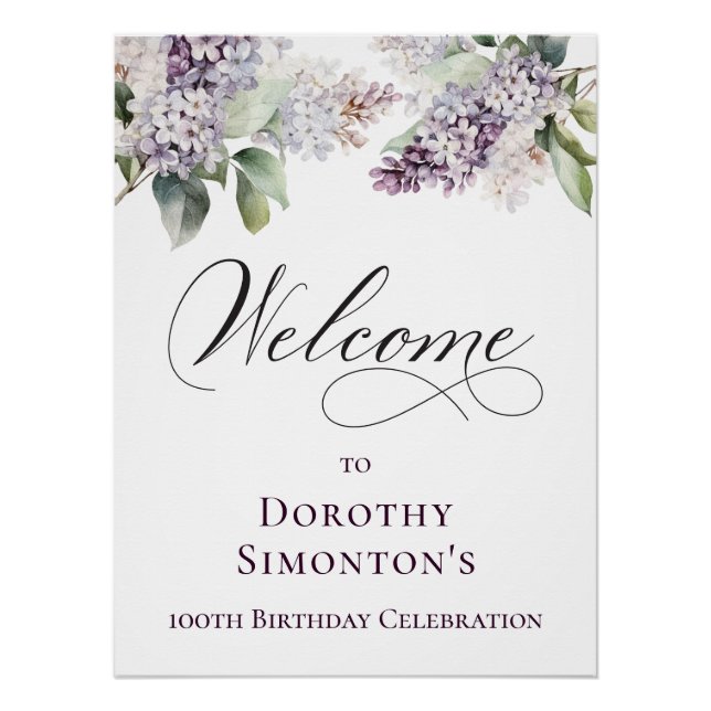 Digital 100th Birthday Purple Lilac Flower Poster (Front)