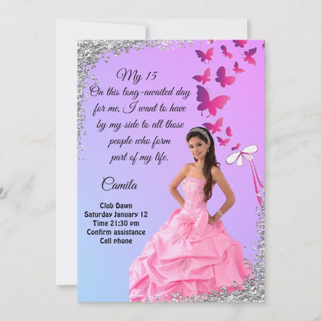 digital 15th birthday card, flower and butterfly  invitation (Front)