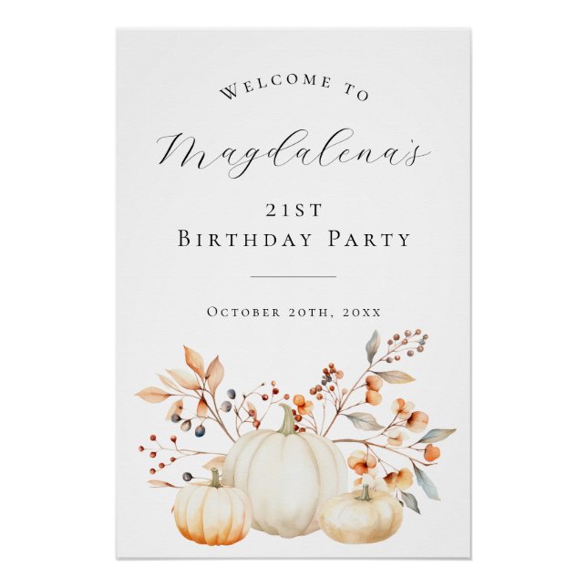 DIGITAL 21st Birthday Pumpkin Fall Leaves Welcome Poster (Front)