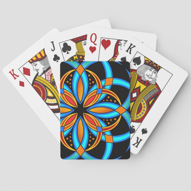 digital art blue orange mandala monogrammed playing cards (Back)