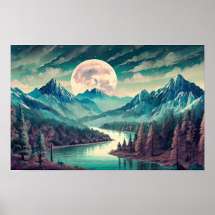 Digital art illustration of a river and moon poster