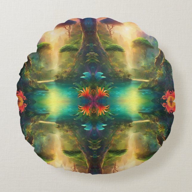 Digital art Kaleidoscope Abstract Nature River Ref Round Cushion (Front)