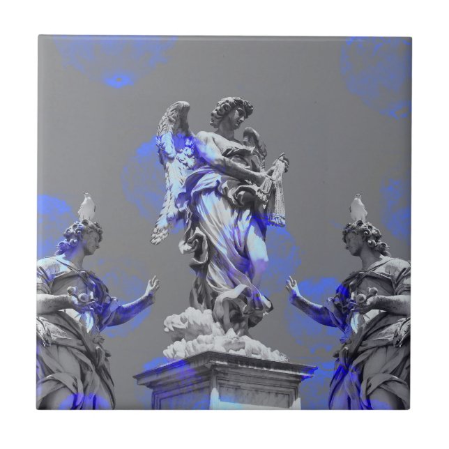 Digital art of sculptures blue colour brush stroke tile (Front)