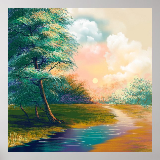 Digital art painting landscape, river in the sprin poster (Front)