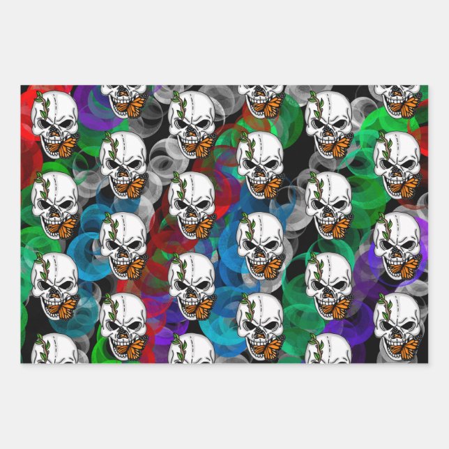 Digital Art Skull and Monarch Butterfly  Wrapping Paper Sheet (Front)
