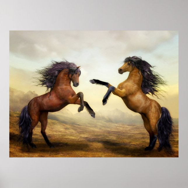 Digital art, wild horses rearing up on hind legs: poster (Front)