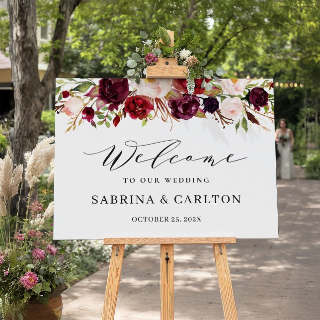 (Digital Avail.) Burgundy Red Floral Wedding Sign (Creator Uploaded)